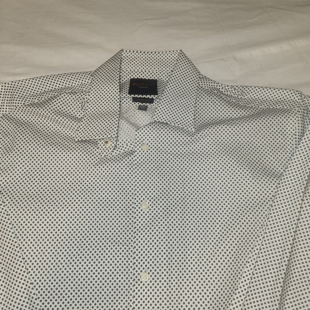 Ben Sherman Tailoring Mens White Navy Geometric Diamond Stretch Dress Shirt L 16